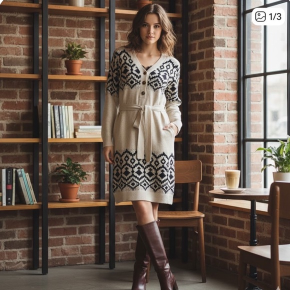 Max Studio Sweaters - Lucky brand- Black and Cream V-Neck Sweater Dress